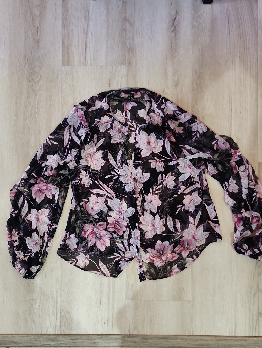 White House Black Market Black Blouse with Pink Floral Print